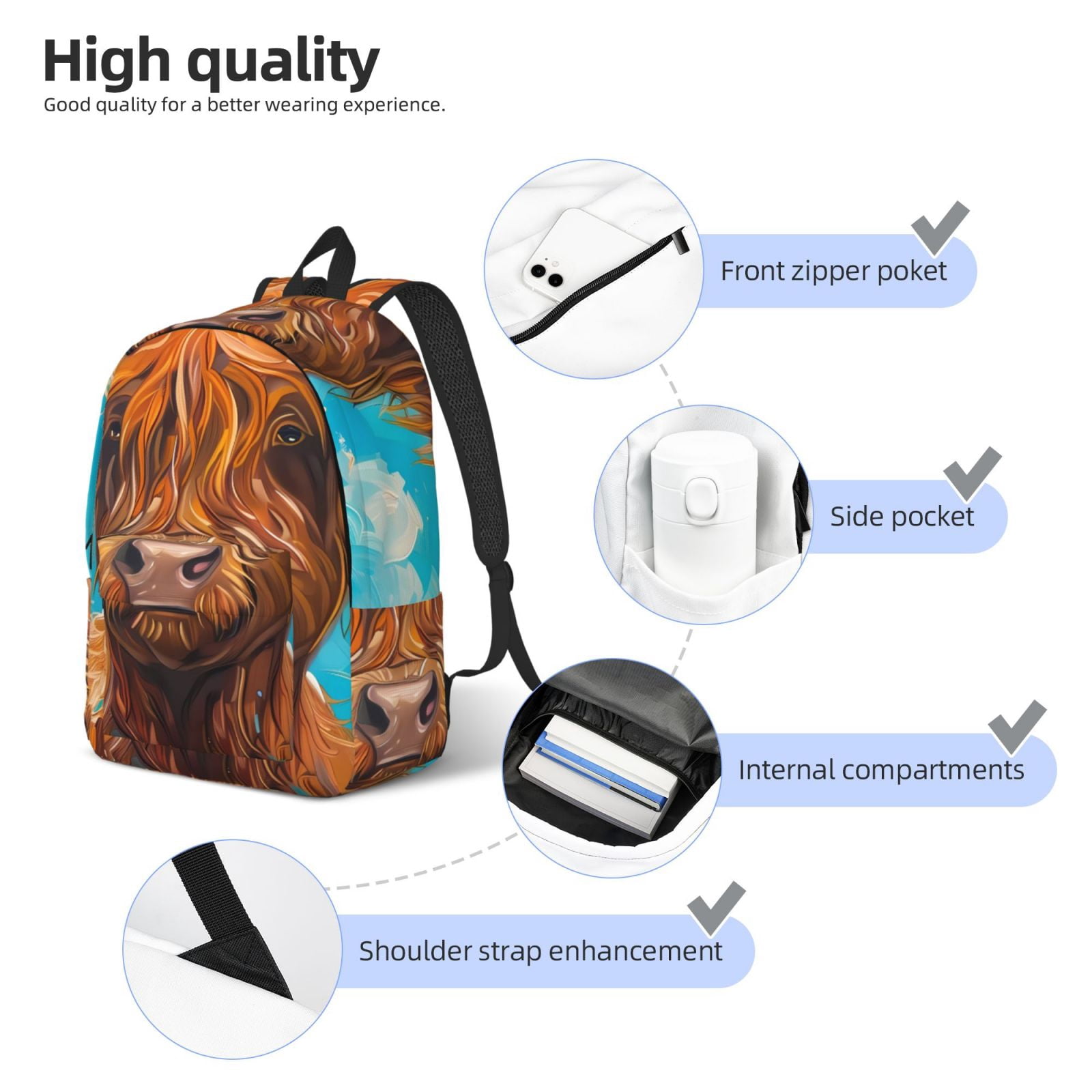 Vsdgher Cute Cow Sunflowers Art Print Canvas Backpack Travel Rucksack Unisex Knapsack 15.7/17.7Inch Laptop Backpack for Work,College -Medium