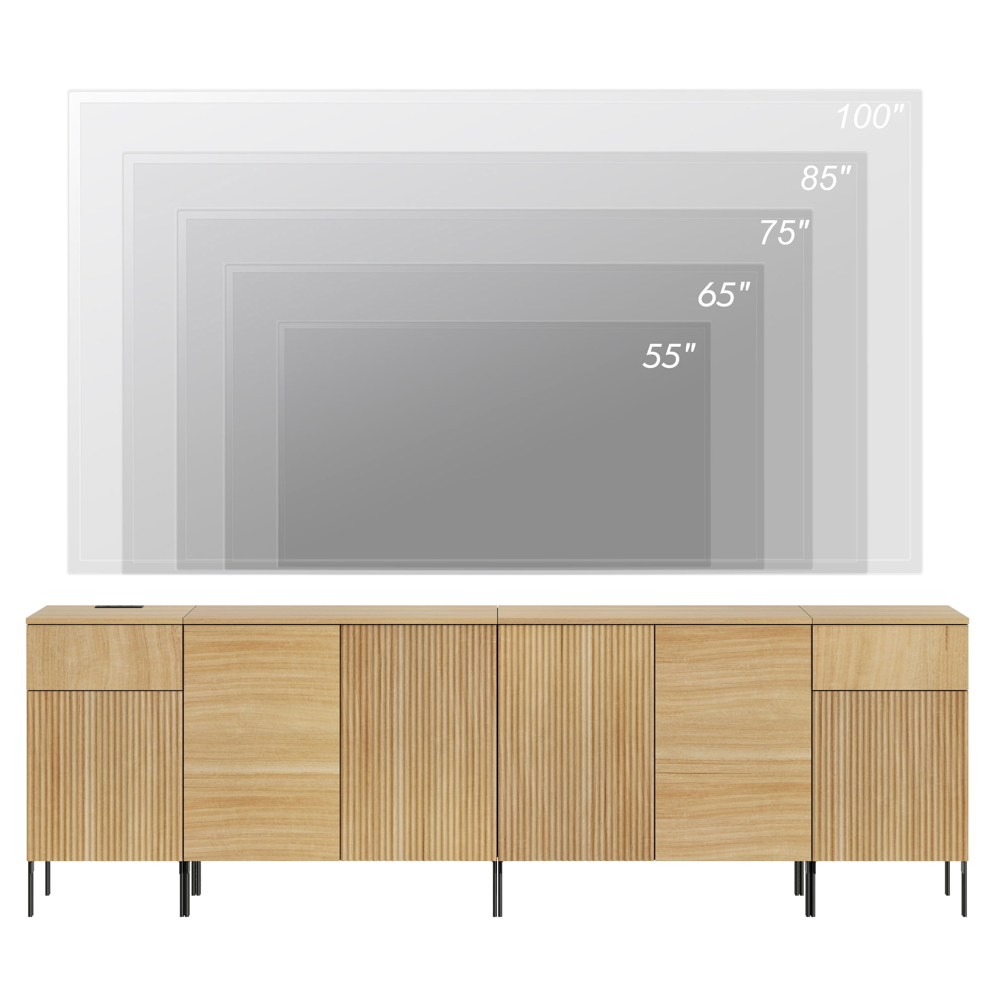 94.5" Reeded Accent Cabinet Set with Doors and Adjustable Shelves, Modern Credenza Storage Cabinet with Charging Station for Living Room, Kitchen, Dining Room, Hallway