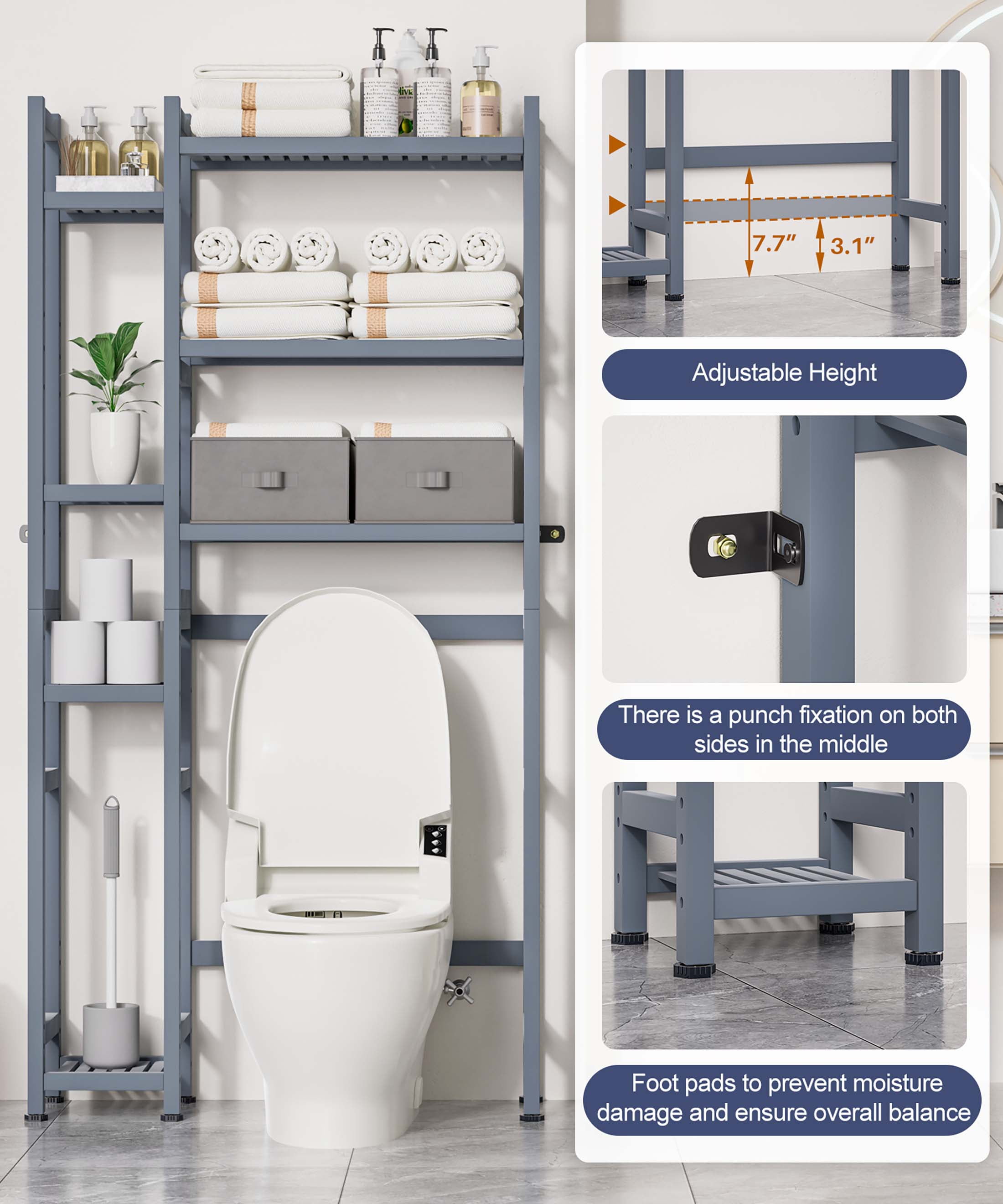 Enogets Over the Toilet Storage, Bamboo Bathroom Organizer with Adjustable Rack, Basket, Drawer & Waterproof feet