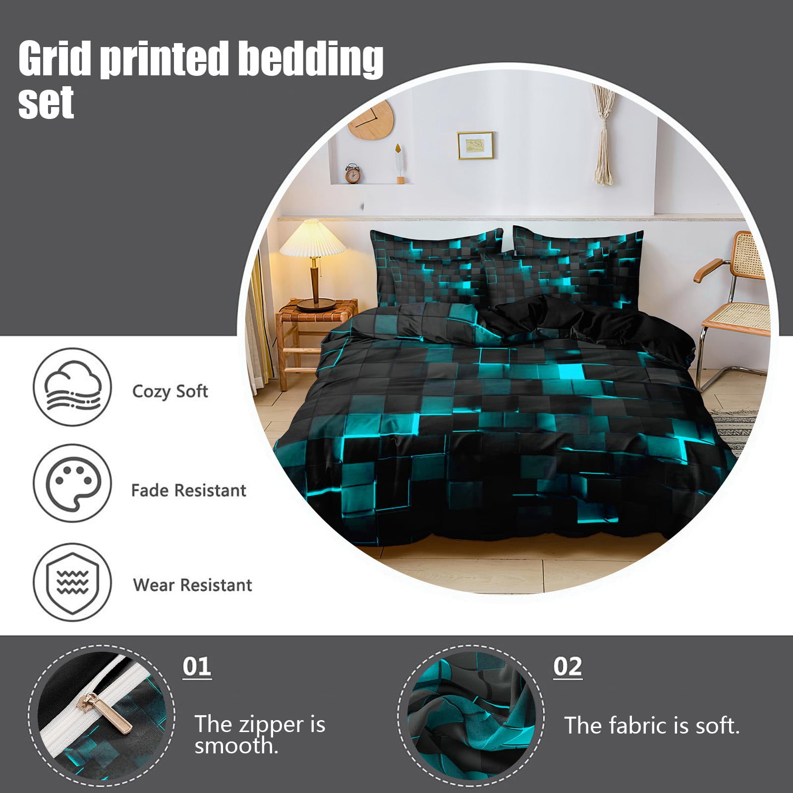 Taotanxi Blue and Black 3-PieceFull Size Light Geometric Comforter Set for Kids Boys Girls Geometry Decor Comforter Modern Style Duvet Set,x1 Quilt Cover, x2 Pillowcases