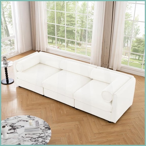 Contemporary White Chenille 3-Seater Sofa with Storage - Modular Living Room Couch with Ergonomic Cylindrical Backrest