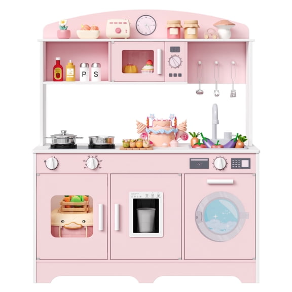 Hiphuta Kids Play Kitchen, Wooden Kids Kitchen Play Set with 11 Pcs Accessorie, Kitchen Set for Ages 4-12, Wooden Toddler Toy Kitchen, Pink