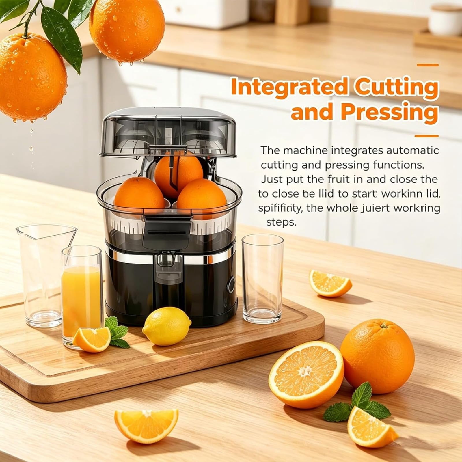 Dual-Head Automatic Citrus Juicer, Electric Orange Juicer Machine with Built-in Cutter and Cleaning Brush, One-Touch Juicing for Orange, Lemon, Lime, Detachable, Easy to Clean