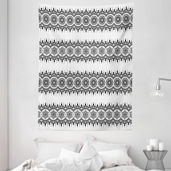 Henna Tapestry, Black White Mandala Design Floral Elements Monochrome Tattoo Pattern South Asian, Wall Hanging for Bedroom Living Room Dorm Decor, 60W X 80L Inches, Black White, by Ambesonne