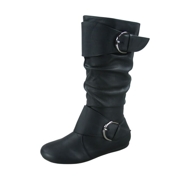 Zone 80 Women's Faux Leather Zipper Buckle Slouch Casual Flat Heel Mid Calf Round Toe Boots ( Black, 5 )