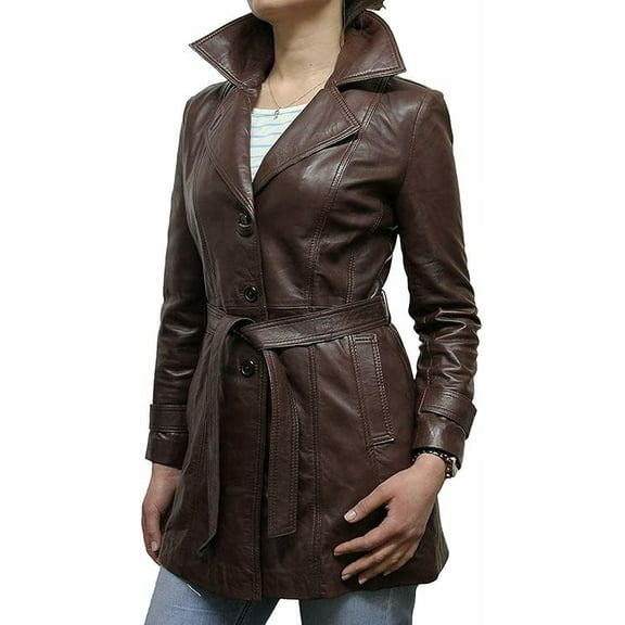 HOT Women's Genuine Brown Lambskin Real Leather Jacket Stylish Collared Biker Long Coat W364