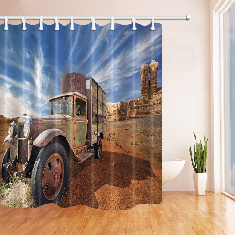 BPBOP Car Decor Old Truck in the Desert Polyester Fabric Bathroom