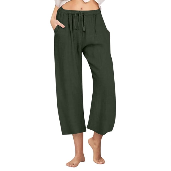 Olyvenn Cotton Linen Pants for Women 2025 Wide Leg Cropped Lounge Trousers Drawstring Elastic Waist Summer Beach Pant Outfits Army Green XXXL
