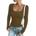 thumbnail image 2 of Linfrsh Long Sleeve Basic Tops for Women Womens Long Sleeve Shirts Crew Neck Stretchy Fitted Ribbed Tops Basic Base Layer Soft Thermal Undershirts Tee Coffee,M, 2 of 6