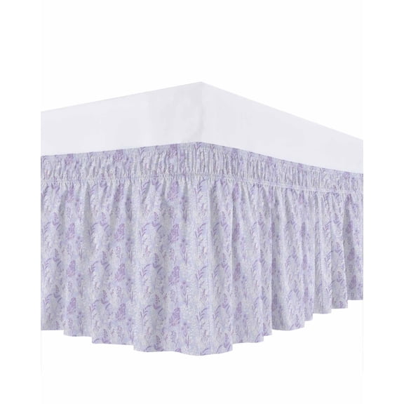 Light Purple Flowers Bed Skirt Queen Size 16 Inch Drop, Spring Lavender Floral Leaf Botanical Adjustable Elastic Dust Ruffles Bedskirt for Queen Bed Wrap Around Pleated Mattress Frame Cover