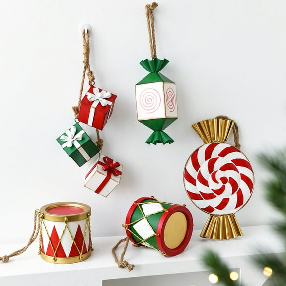 Dserfhy Metal Christmas Ornament Iron Gift Box/Candy/Drum Hanging Decorations for Christmas Tree Holiday Party Decor