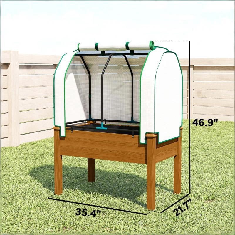 Outdoor Planter Box Convenient Raised Garden Bed with Legs Retractable PE Cover Brown Fir Wood Steel Frame Drainage Holes Breathable Fabric for Vegetables Herbs Flowers