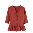 thumbnail image 6 of CLOISE 3/4 Length Sleeve Womens Tops Blouses Dressy Casual Plus Size Ruffle Shirts Solid Color V Neck Pullover Cotton Blend Elegant Fall Clothes Red 3XL, 6 of 6