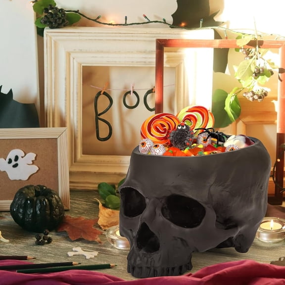 Skull Planter with Drain Hole, Resin Skull Shaped Flower Pot Candy Bowl, Gothic Decoration for Home Office Desk- Black