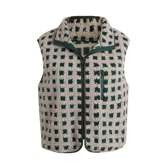 Women's Plaid Gilet Vintage Sleeveless Jacket Checkered Zip Up Warm Y2k Aesthetic Cardigan Sherpa Coat Top Outerwear Vests Winter
