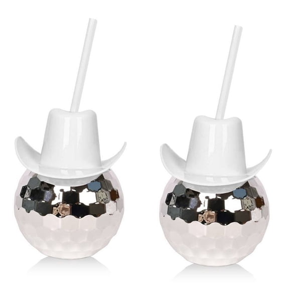 2Pcs Disco Ball Cups with Straw, Disco Flash Ball Cocktail Cup, Disco Cowboys Hat Cups, Flash Cocktail Cup Silver White