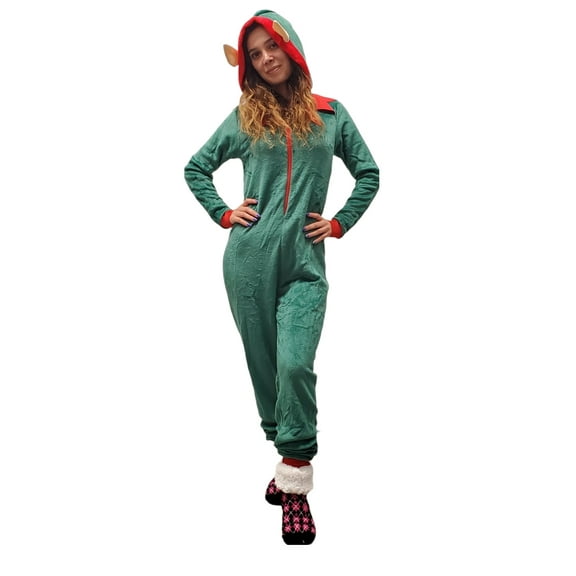 SASHA Christmas Women Pajamas Elf Hoodie Fleece Onesie Green Suit Jumpsuits Large / X-Large