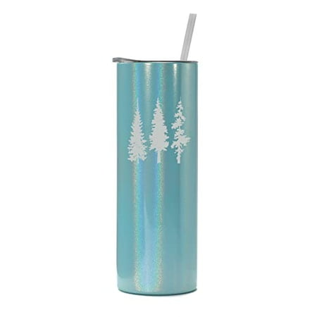 

20 oz Skinny Tall Tumbler Stainless Steel Vacuum Insulated Travel Mug Cup With Straw Pine Trees Hiking Mountains Camping Outdoors (Light Blue Iridescent Glitter)