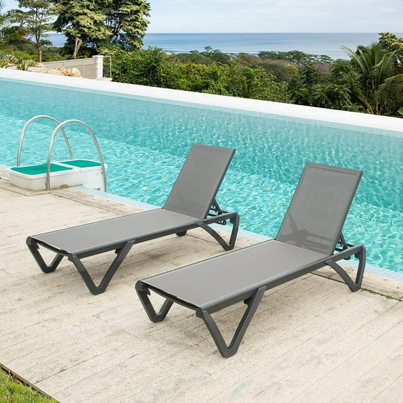 Domi Outdoor Living Aluminum Chaise Lounge Chairs Set of 2 - Adjustable Poolside Recliners with Wheels, Durable Textilene & All-Weather Design for Canadian Patio, Deck, Backyard (Gray)
