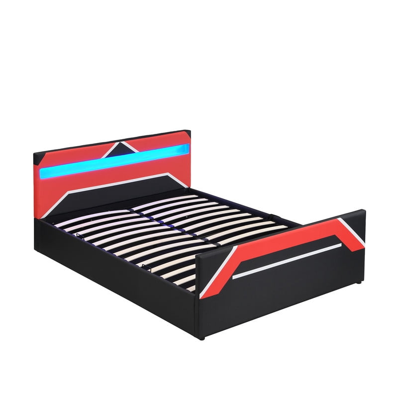 Queen Size Cyberpunk Style Low Profile Bed with LED Lighting Headboard, Hydraulic Storage Platform Bed Frame for Kids/Teens/Adults