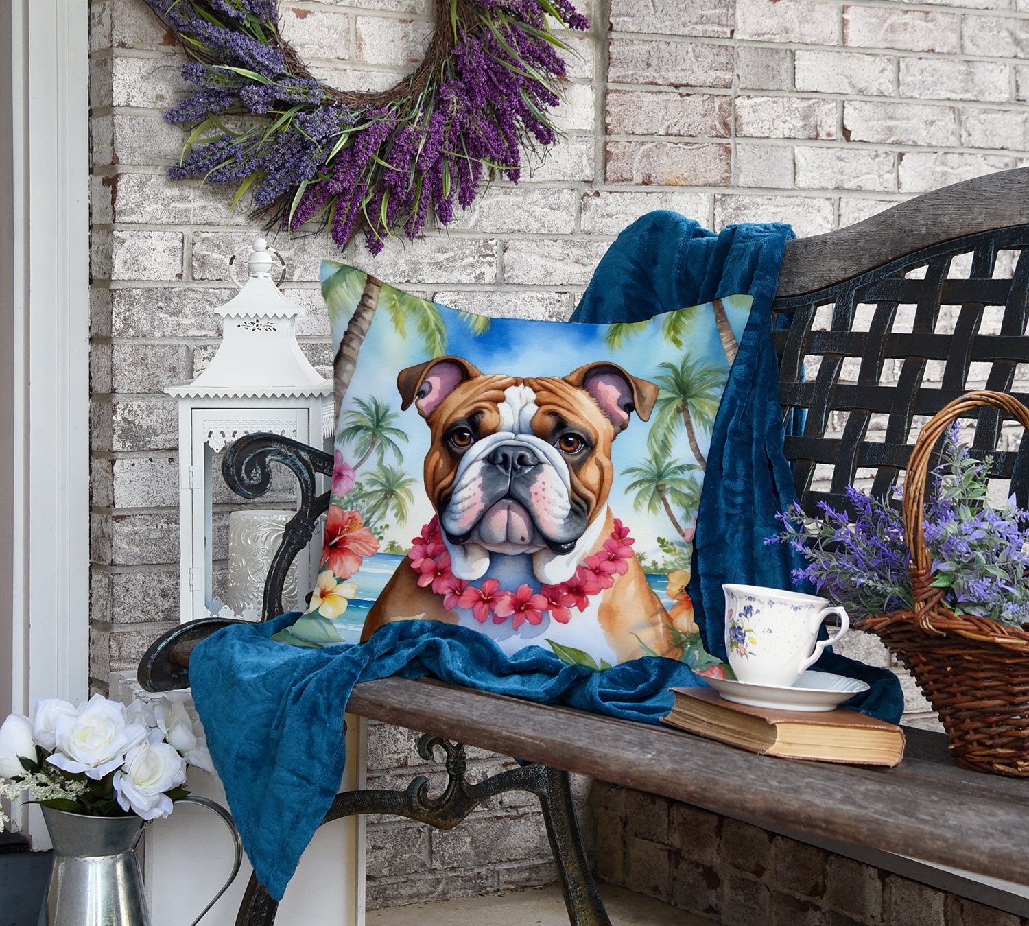 English Bulldog Luau Throw Pillow 18 in x 18 in