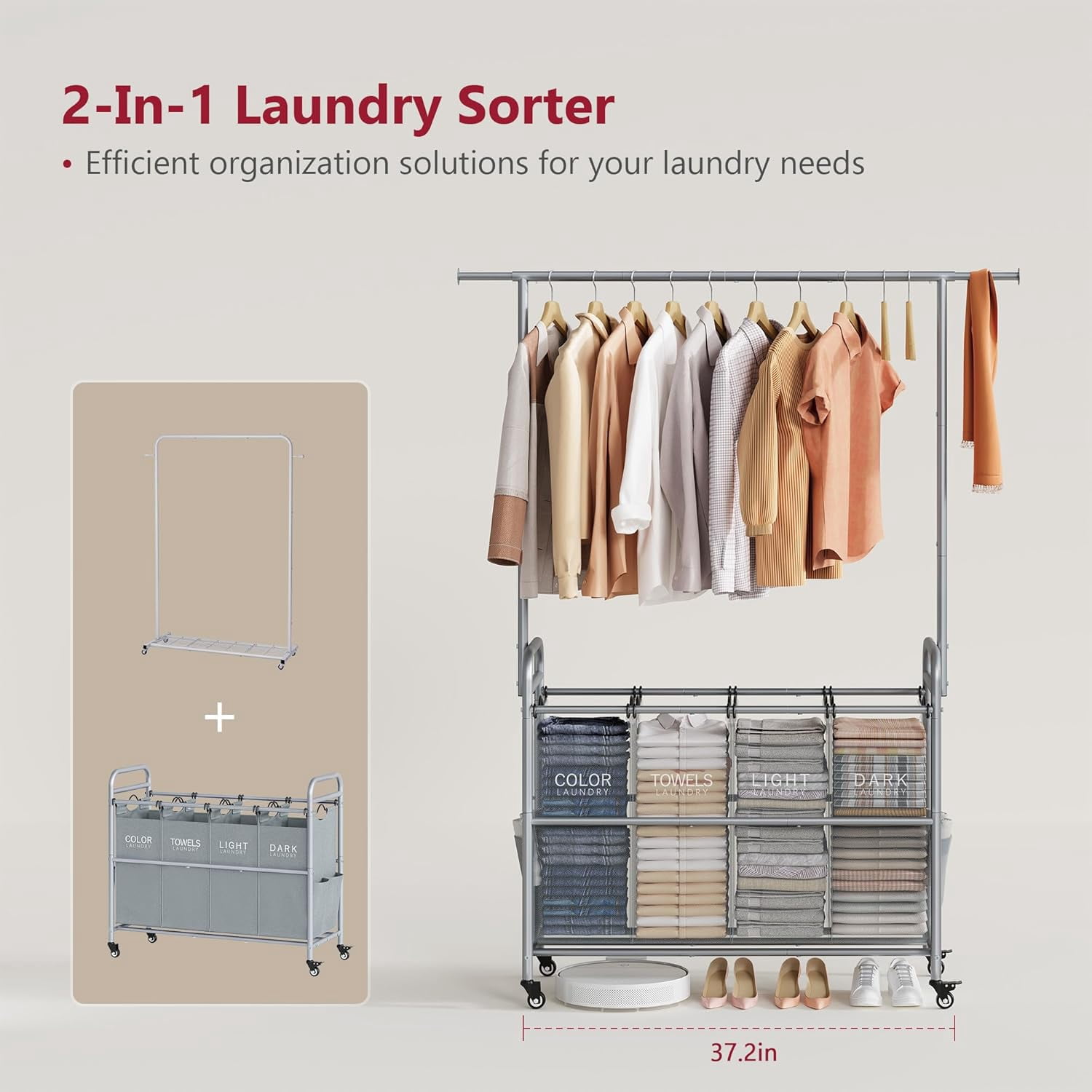 Laundry Sorter Cart with Hanging Clothes Rack, 4 Butler Sorter Basket Organizer, Laundry Hamper Cart with Heavy Duty Rolling Lockable Wheels