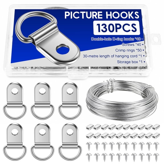 Picture Hanging Wire Kit, 98FT Heavy Duty Steel Picture Wire with 40 D-Ring Hangers, 50 Crimp Sleeves & 40 Screws, Mirror Hanging Kit for Frames, Canvas, Artwork, Photos & Wall Decor