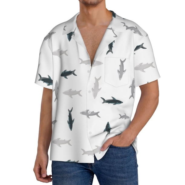 Fotbe Cute Shark Camisa Estampada de Manga Corta para Hombre, Casual de Verano, Estilo Playero, Sin Arrugas-Small