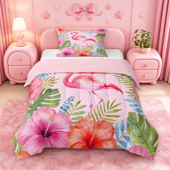 meiyoeat Watercolor Flamingo Tropical Pattern Twin Comforter Sets,Pink Floral Print Bedding Set For Girl,Reversible,2pcs,1 Comforter and 1 Pillowcase