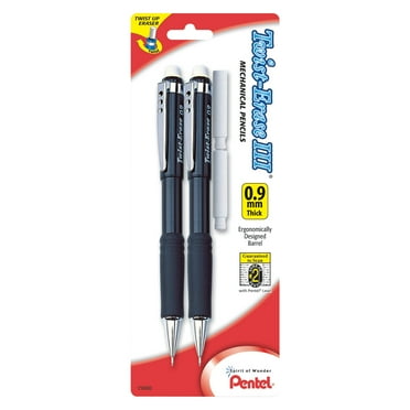 Pentel Twist-Erase III Mechanical pencil, (0.9 mm) with (2) Eraser Refills 2-Pack, Assorted Barrel Colors