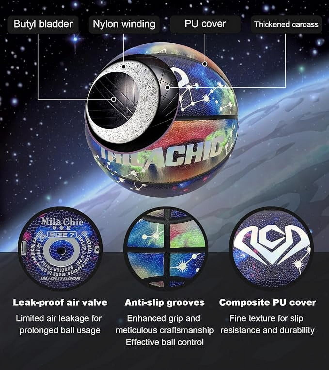 VEZLOP Basketball, Glow in the Dark Basketball, Glowing Composite Leather Luminous Basketball Gift for Youth, Men, Women, Indoor-Outdoor Night Basketball Size 7(29.5") / 6(28.5") / 5 (27.5") with Pump