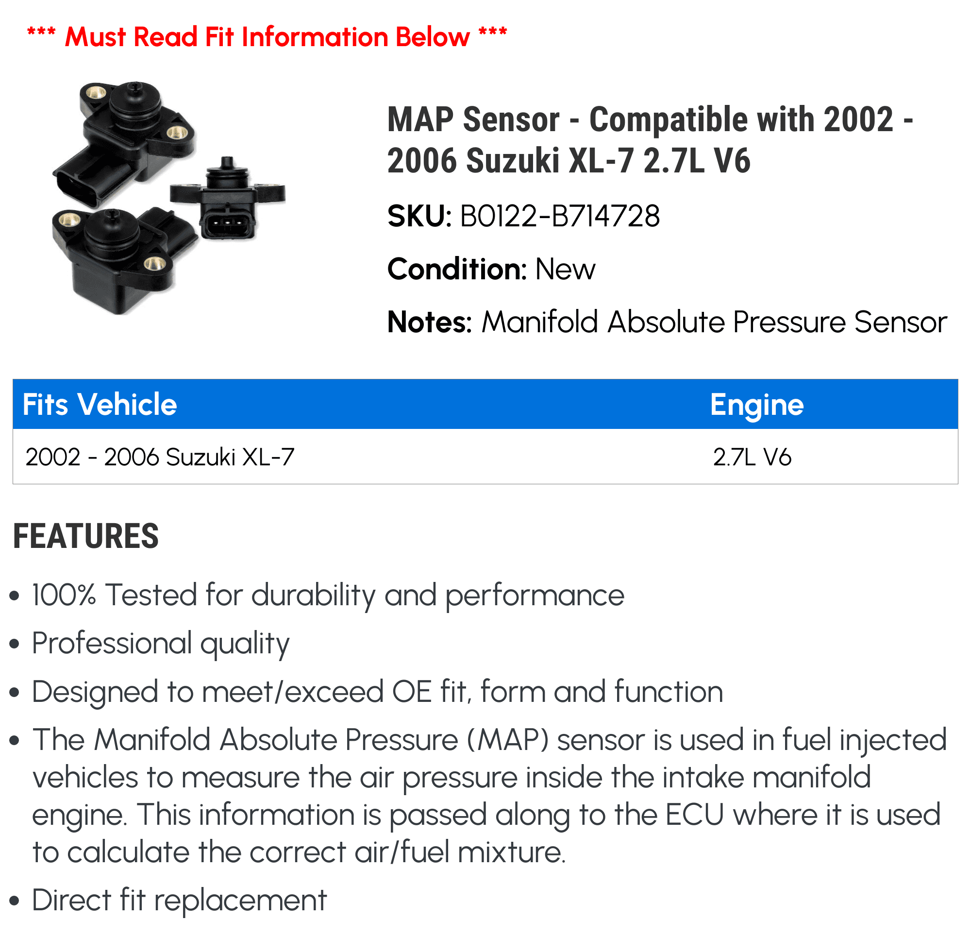 MAP Sensor - Compatible with 2002 - 2006 Suzuki XL-7 2.7L V6 2003 2004 2005