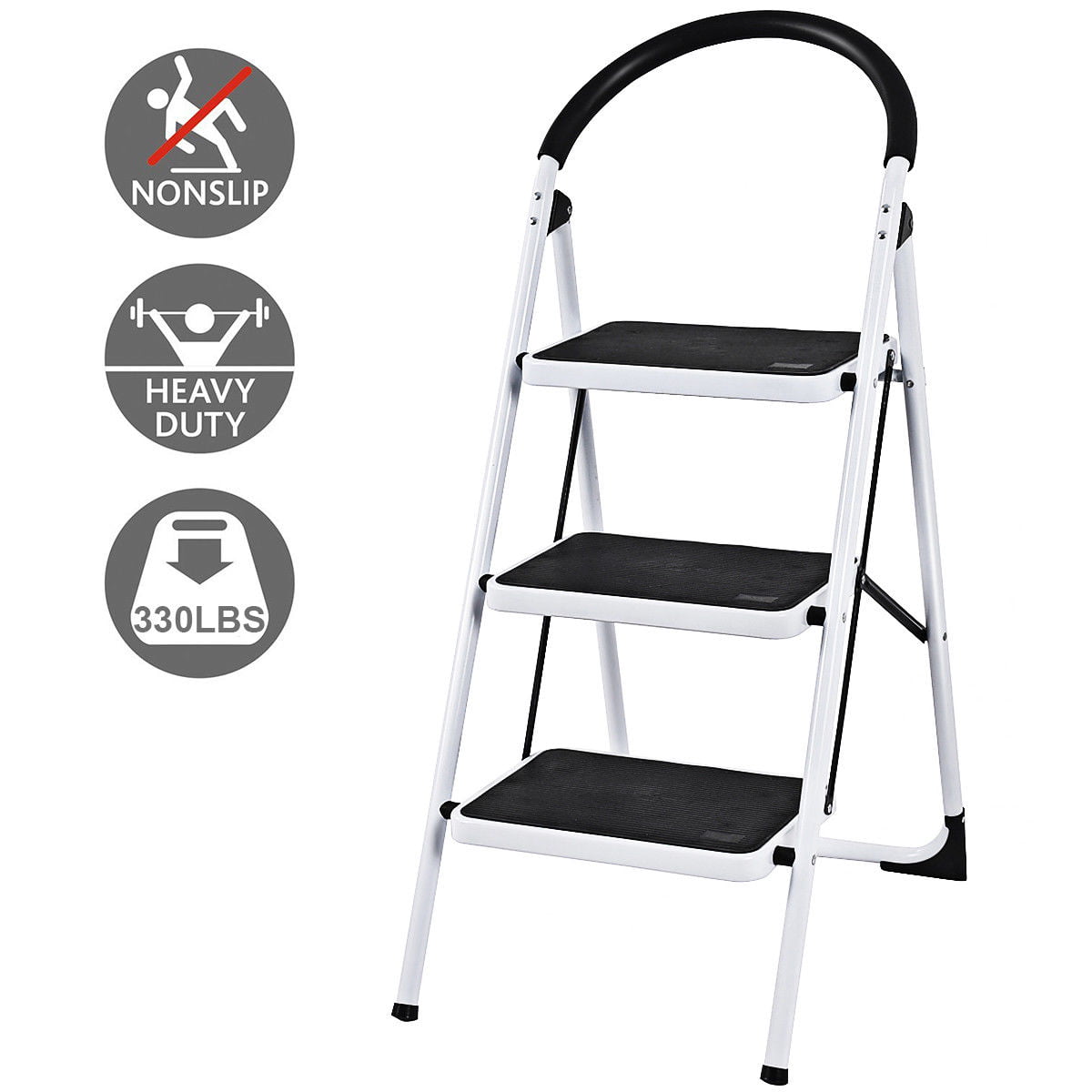 Oshion 3 Step Ladder Platform Folding Stool 330lbs Capacity Non Slip Safety Tread Space Saving Industrial Home Use