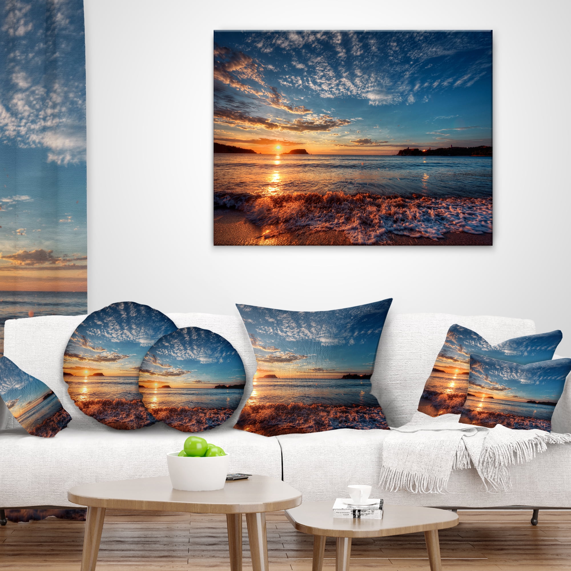 Designart Tranquil Beach and Whimsical Clouds - Seashore Photo Throw Pillow - 12x20