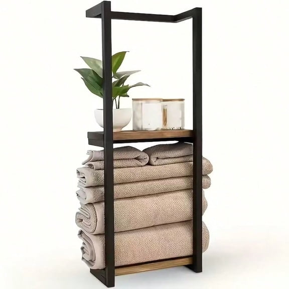 Bathroom Towel Rack with Frame, 2-Tier Wall-Mounted Towel Storage Rack, Black
