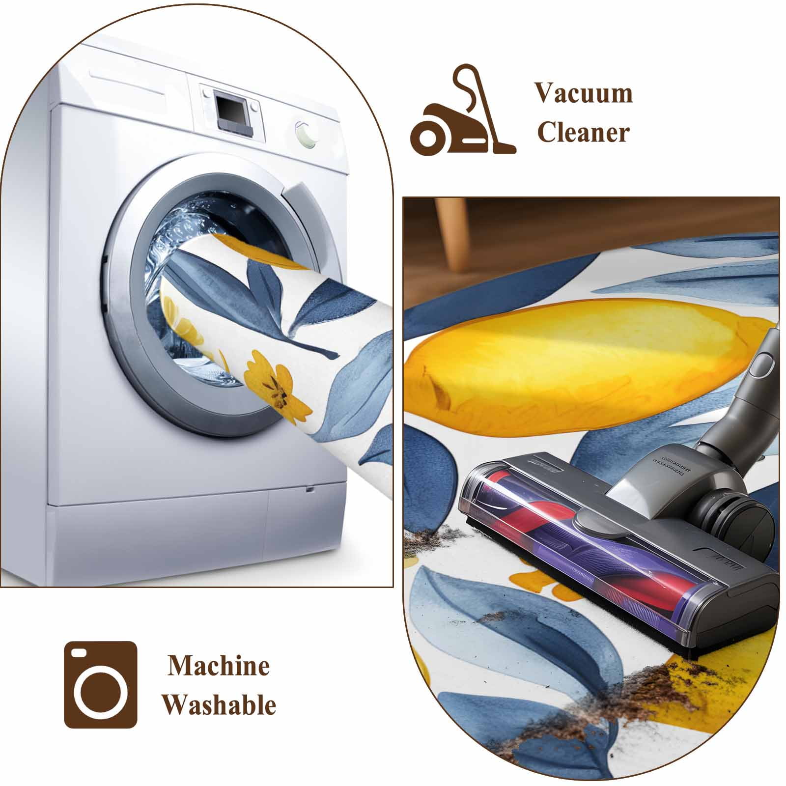 Area Rug 5'x7', Yellow Lemon Non-slip Runner Rug Carpet for Bedside, Blue Flower Leaves Spring Summer Plant Washable Outdoor Indoor Area Rugs Mat for Entryway/Living Room/Bedroom/Kitchen/Office