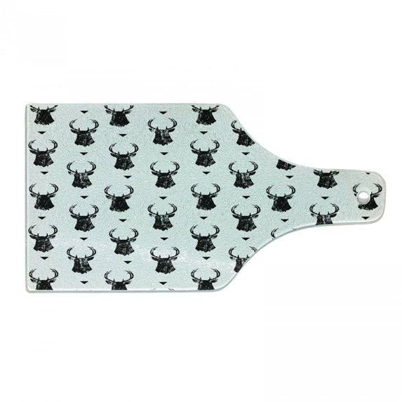 Deer Cutting Board, Monochrome Animal Silhouettes and Triangles Ornamental Pattern Nature Illustration, Tempered Glass Cutting and Serving Board, Wine Bottle Shape, Black White, by Ambesonne