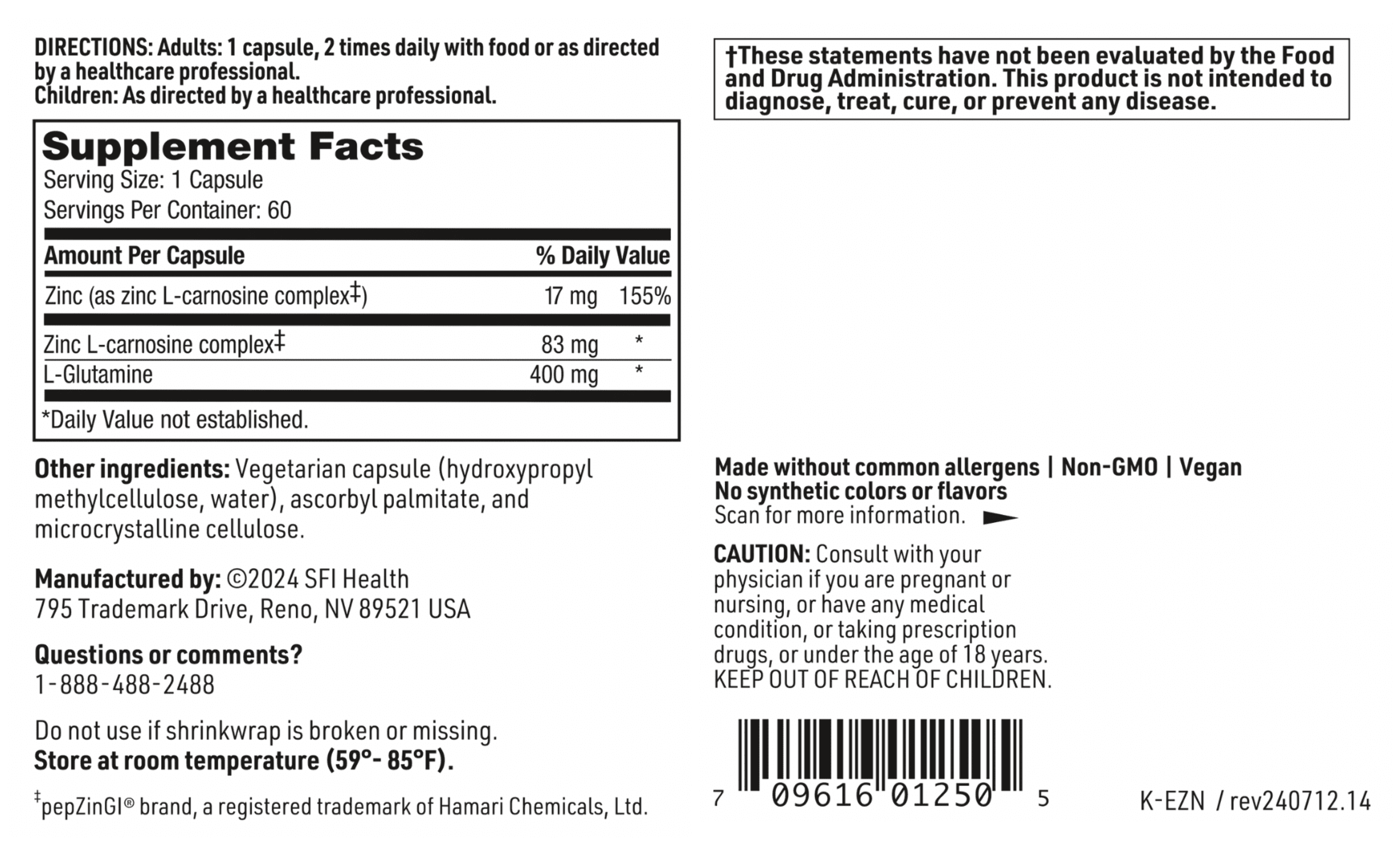 Klaire Labs SFI Health Endozin - Zinc Carnosine Complex with L-Glutamine to Support Intestinal Barrier Function, Hypoallergenic (60 Capsules)