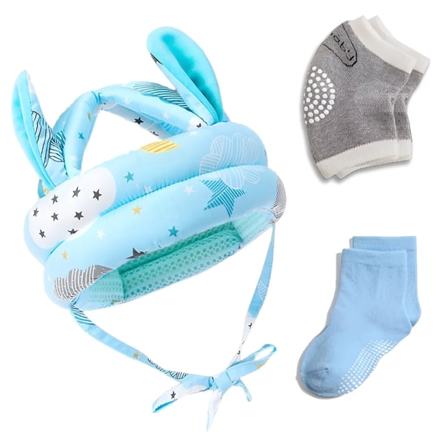 Casco Para Bebe Antigolpe Seguridad Rodillera Gateo Calcetín Modelo Azul