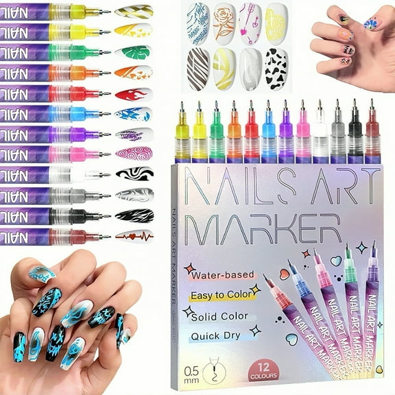 12 Color 3D Nail Art Pens, 0.5 MM Nail Polish Pens Set Drawing Painting Point Liner Acrylic Painted Pen Kit, Waterproof DIY Quick Dry Graffiti Dotting Point Liner Pens, Nails Art Drawing Tool