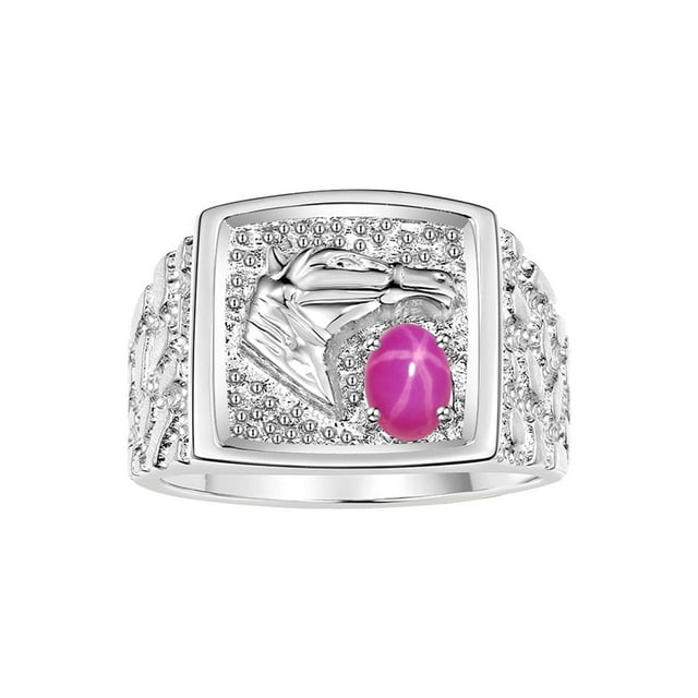 RYLOS Men's Rings 14K White Gold Rings Lucky Nugget Horse Head 6X4MM Oval Gemstone & Diamond Ring Star Ruby July Birthstone Rings For Men Size 11