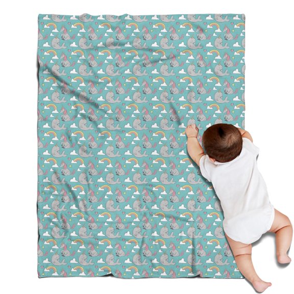 Light Blue Cartoon Narwhal Rainbow Pattern Blanket,Comfortable Soft Flannel Throw Blanket,All Season,Warm Lightweight Blankets for Sofa Bed Couch Living Room Chair,30"x40"