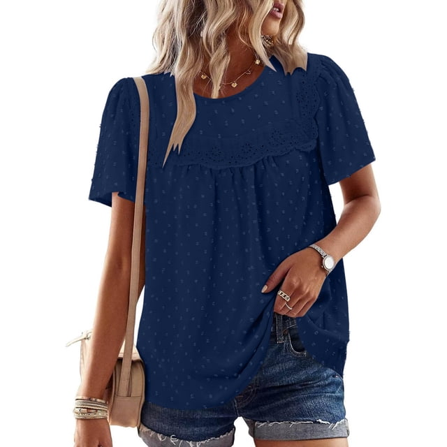 Liquidation d'Économies! Hauts Grande Taille pour Femmes, Blouse à Manches Courtes d'Été pour Femmes, Mode Décontractée à Manches Courtes Col Rond Uni Pliable Blouse pour Dames