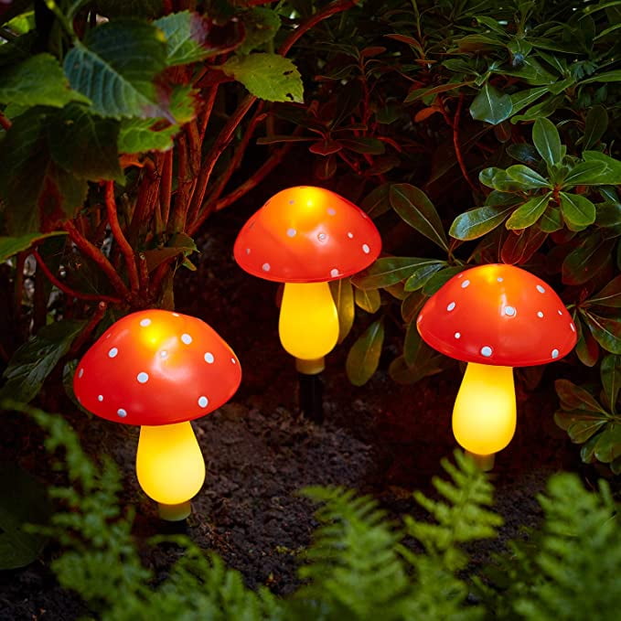 Lights4fun, Inc. Set of 3 Red Solar Powered Mushroom Toadstool LED