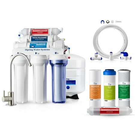 iSpring RCC7AK 6-Stage Alkaline RO Water Filtration System w/F4AK 6-Month Replacement Filter Pack & ICEK Refrigerator/Ice Maker Kit, NSF Certified, Under Sink Drinking Water Purifier Bundle