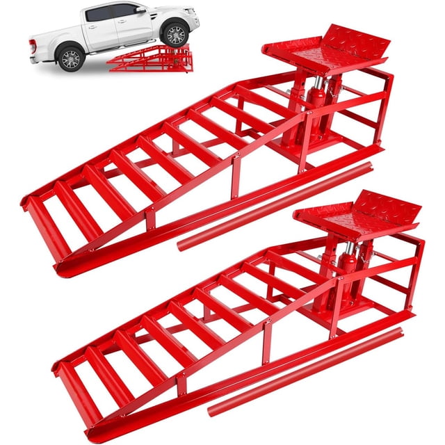 2 Pack 11000 Lbs Hydraulic Car Ramps Heavy Duty Steel Low Profile Service Lift Ramps with Adjustable Height 9.3 In -14 In Red
