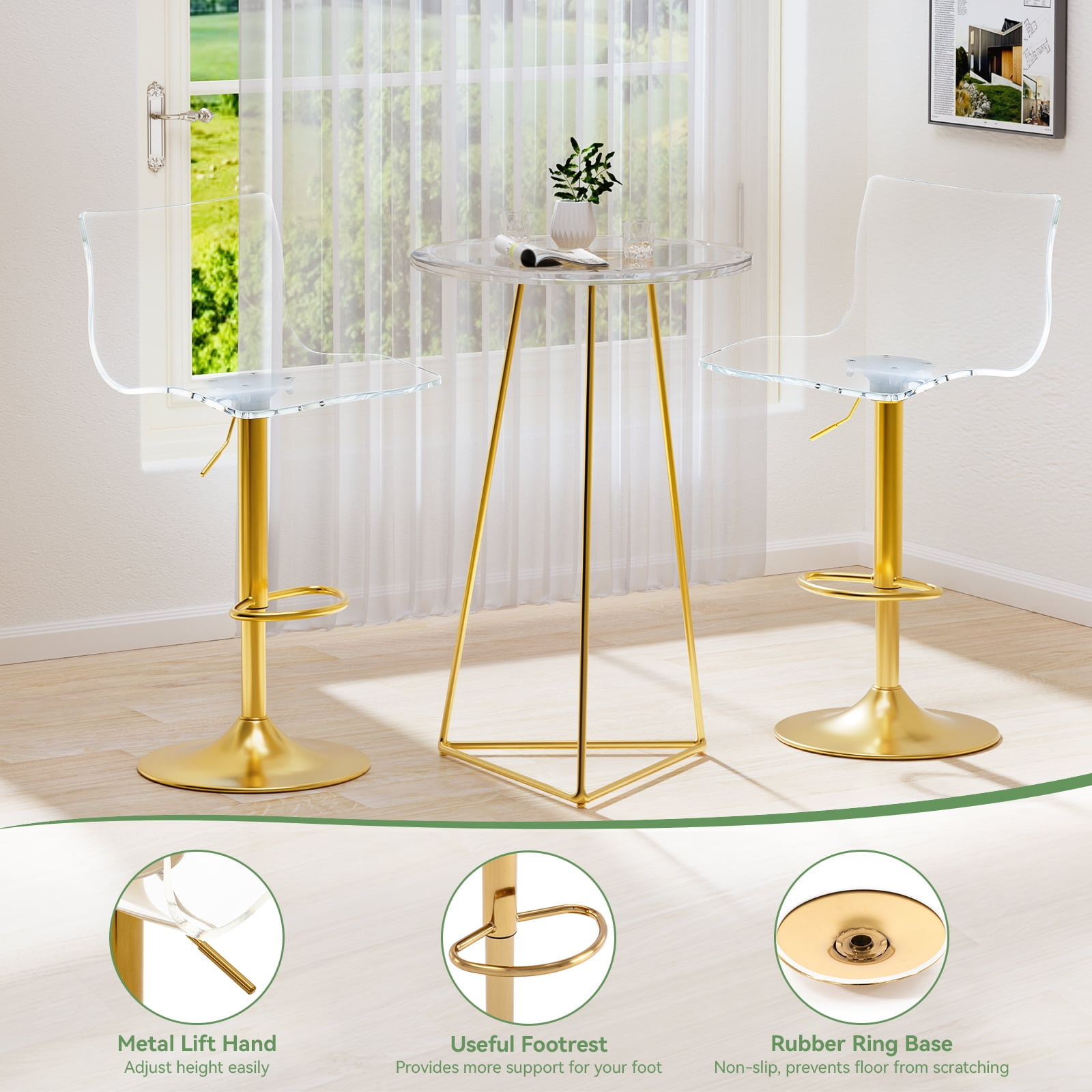 Acrylic Bar Stools Set of 2, Clear Seat Metal Gold Base Barstools, Adjustable 360° Swivel Modern Bar Stool for Kitchen Island, Dining, Bar, Pub