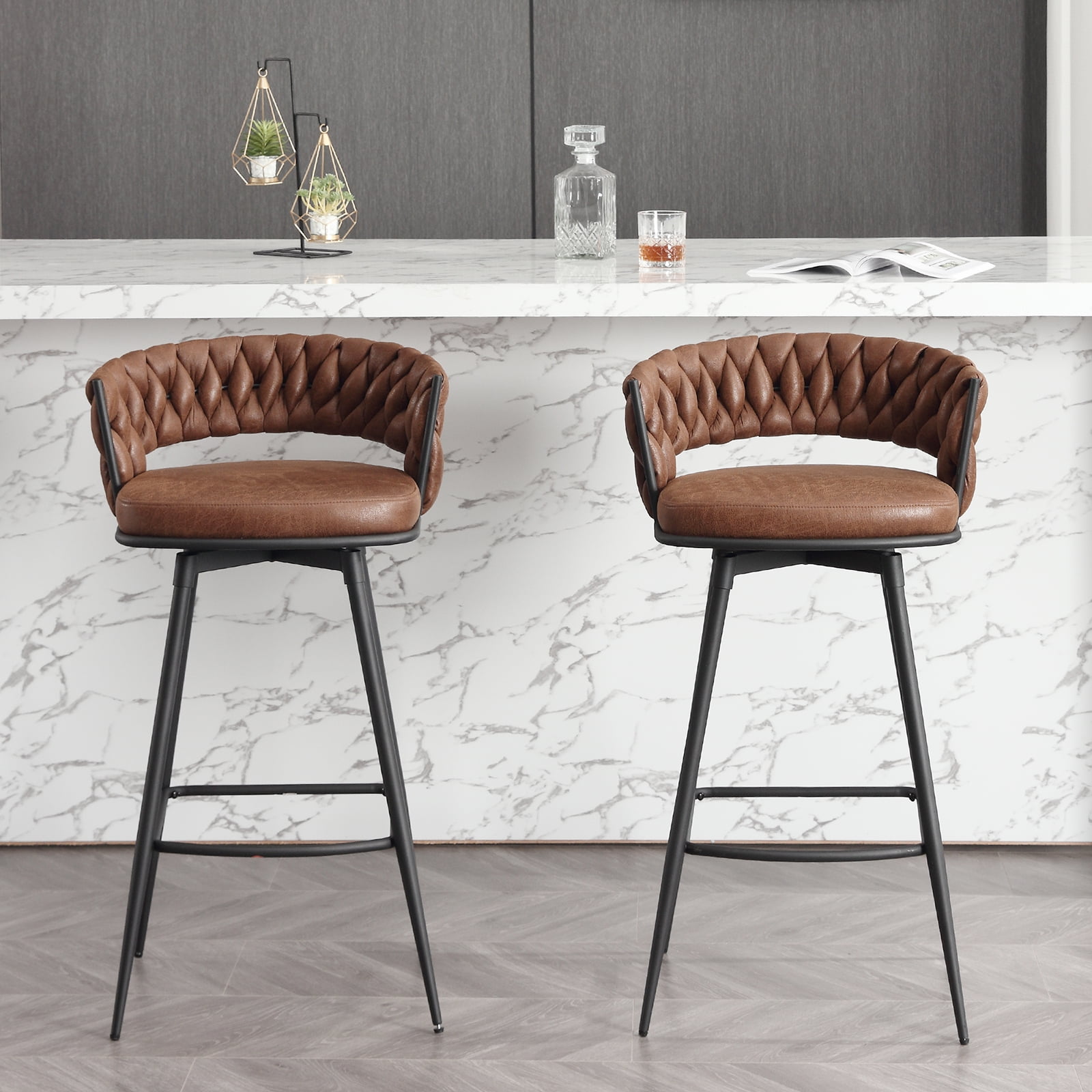 Bar Stools Set of 2, Counter Height Barstools with Woven Back and Footrest, 26" Modern Upholstered Kitchen Island Chairs for Kitchen Island, Cafe, Pub, Bar Counter, Brown