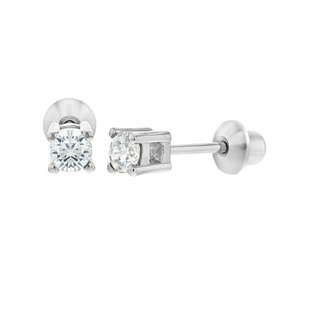 925 Sterling Silver CZ Tiny Round Screw Back Earrings for Toddlers