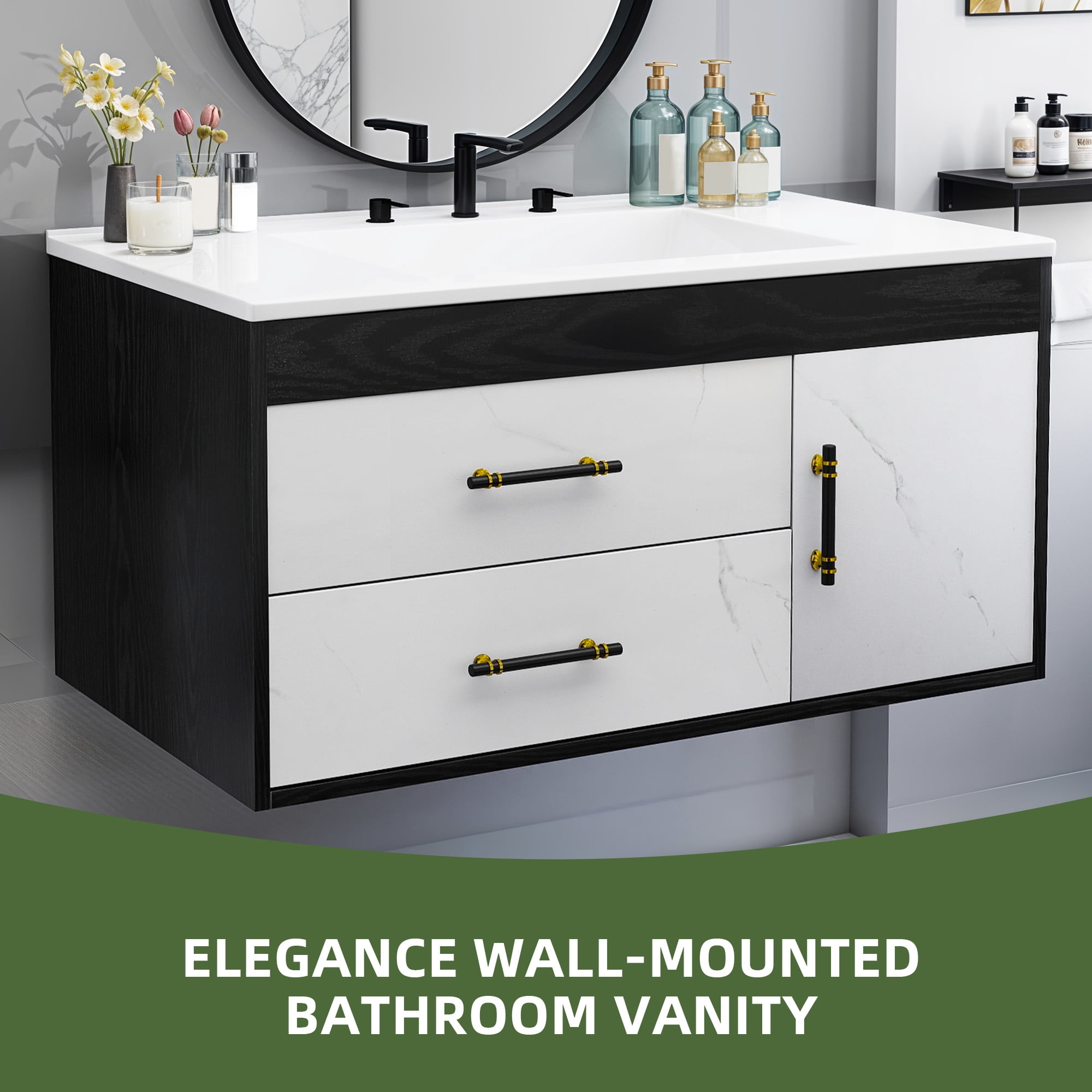 Uforic 37" Wall-Mounted Bathroom Vanity with Sink,  Floating Bathroom Cabinet with 2 Drawers
